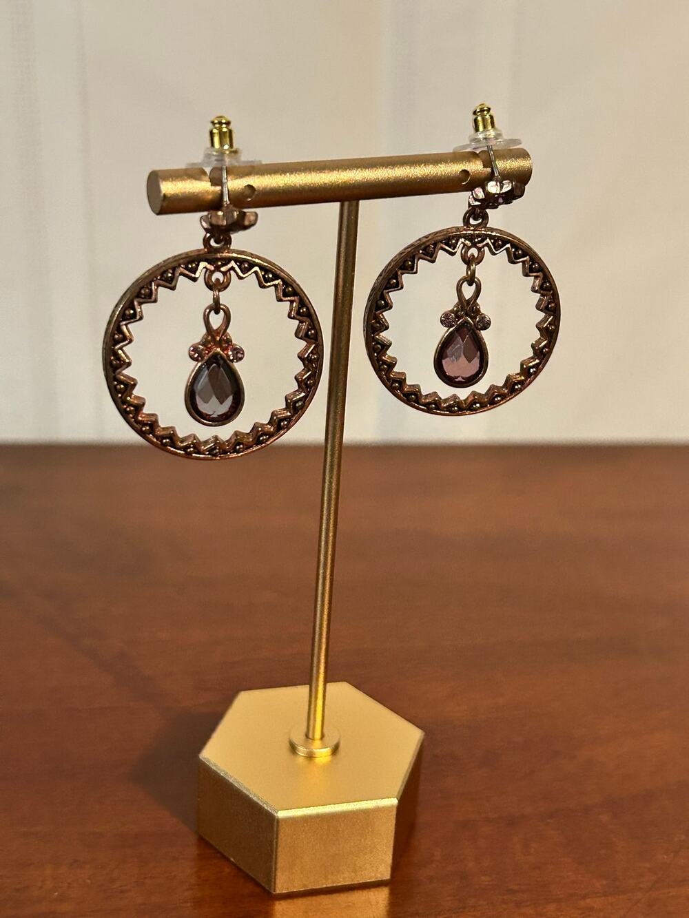 Rose Gold Teardrop Dangle Earrings Intricate Patterned Hoop Purple Gemstone Post